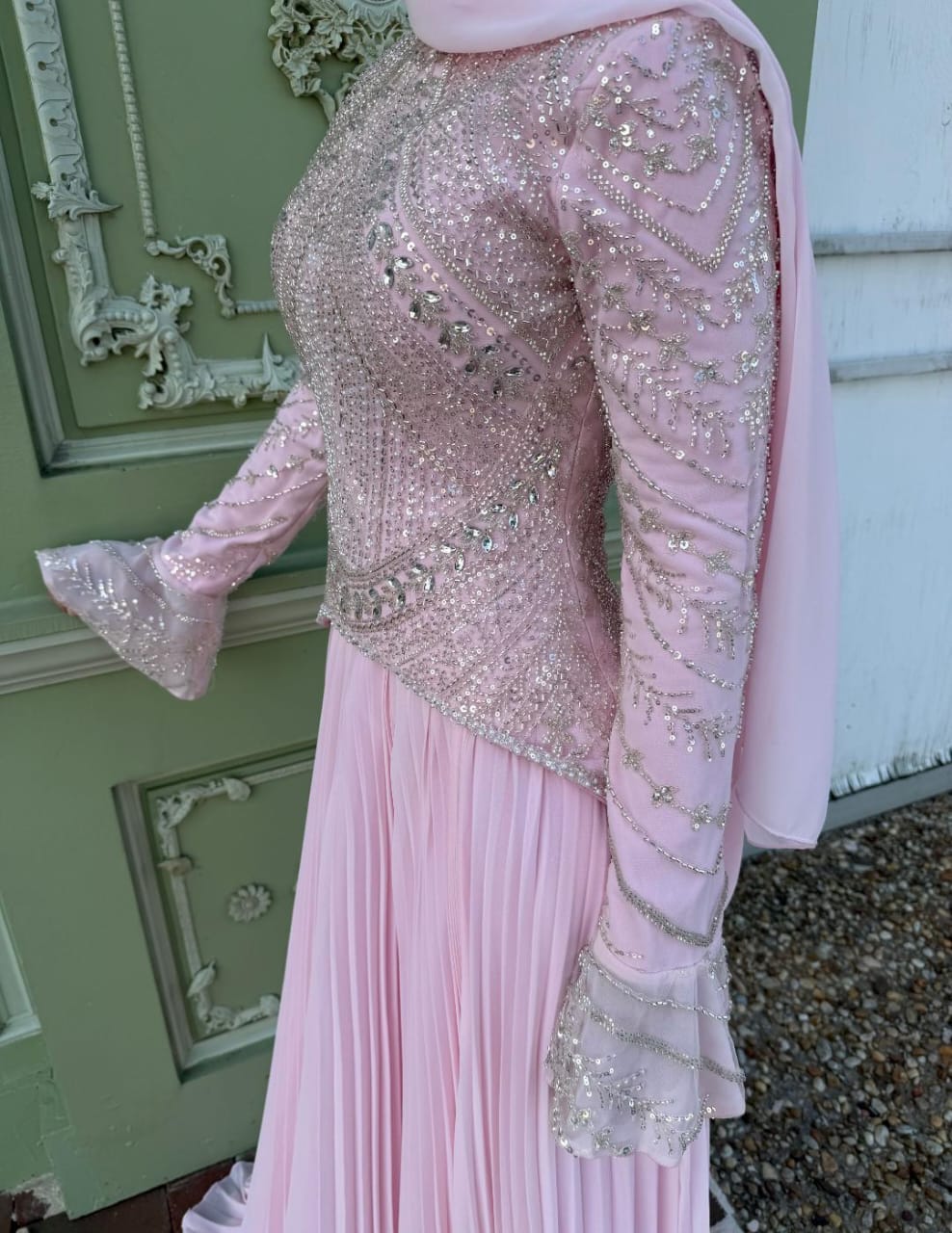 Rose Embroidered Corset Plissé Chiffon Dress