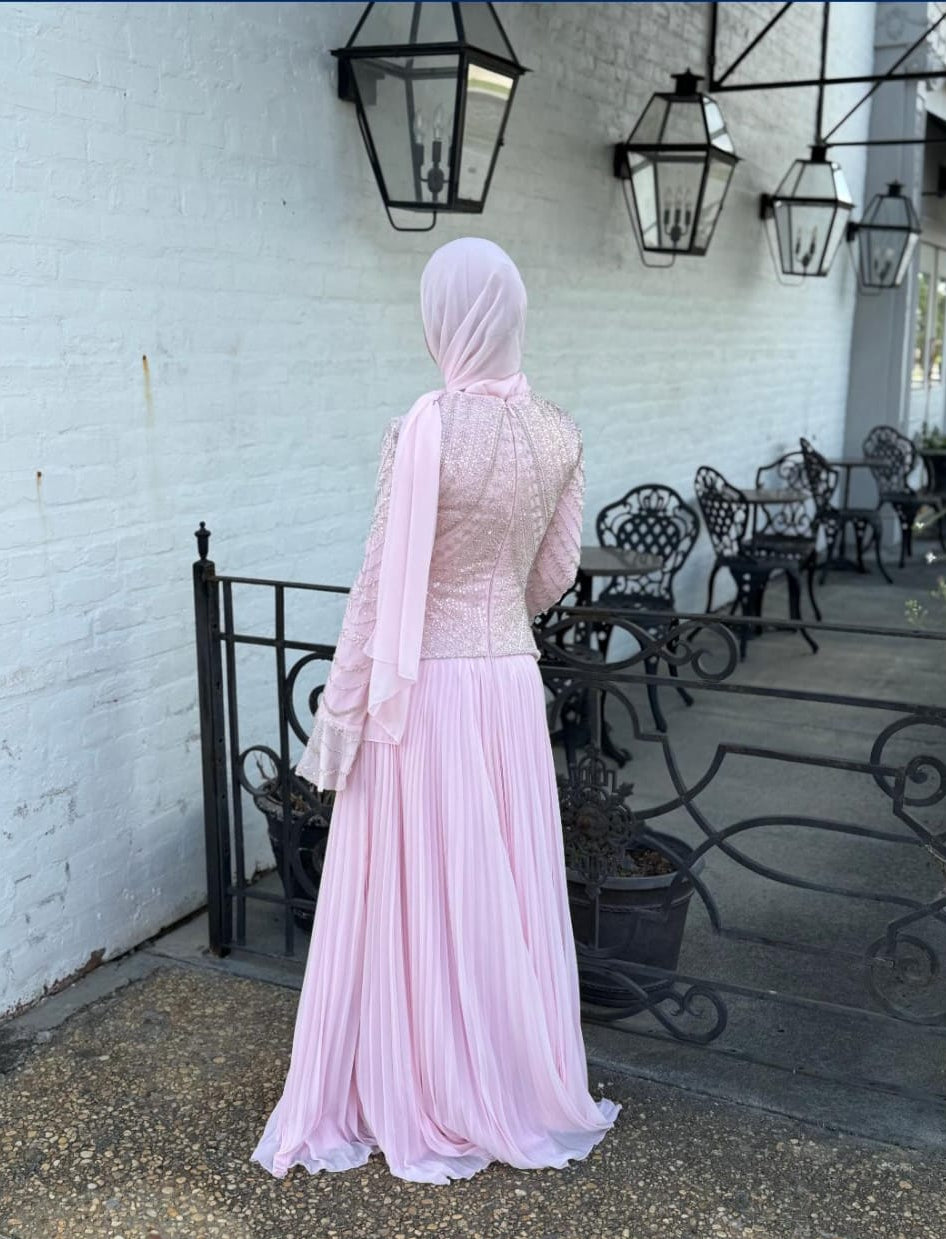 Rose Embroidered Corset Plissé Chiffon Dress