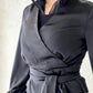 Black Satin Wrap Blouse with Waist Tie
