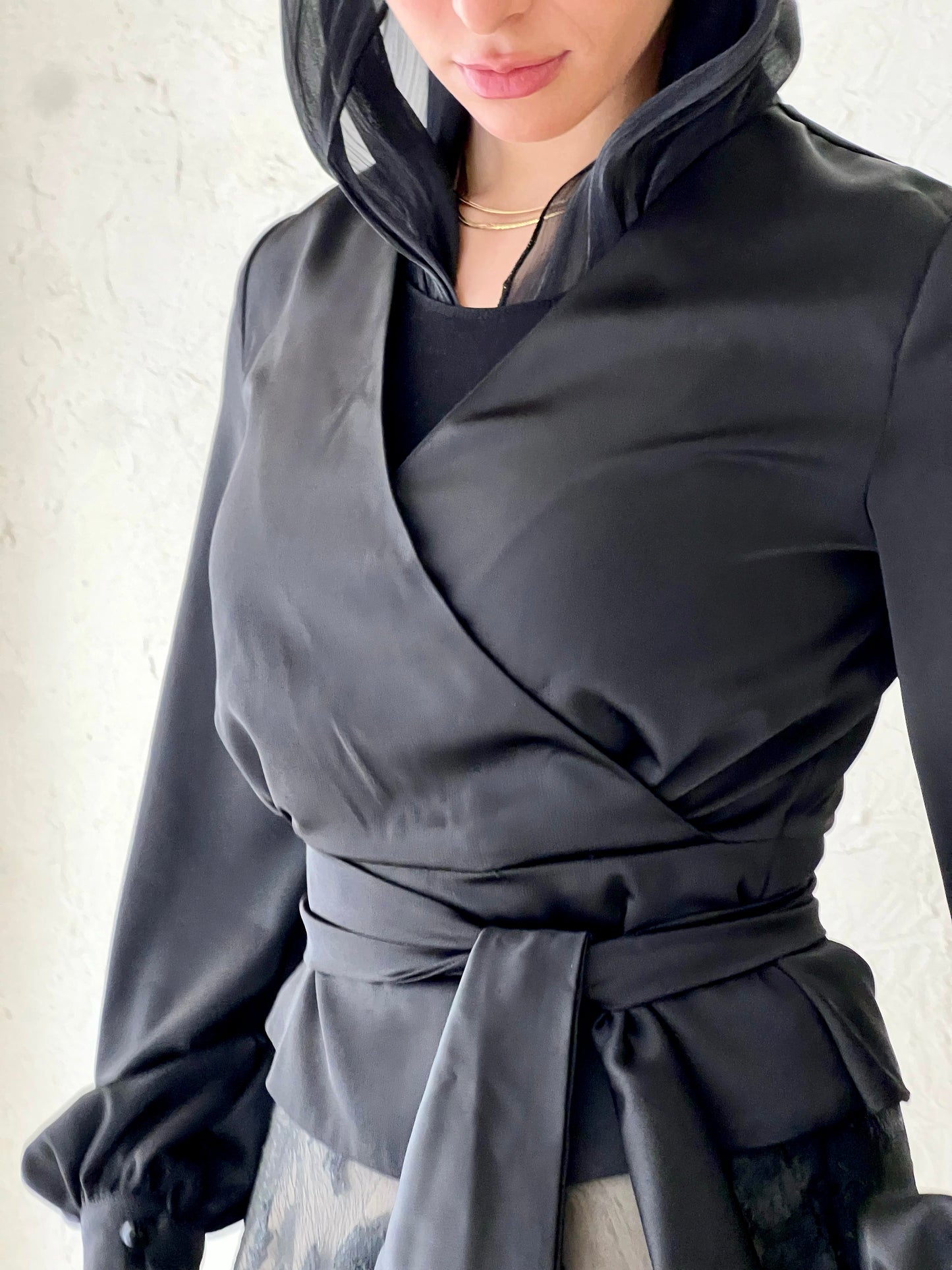 Black Satin Wrap Blouse with Waist Tie