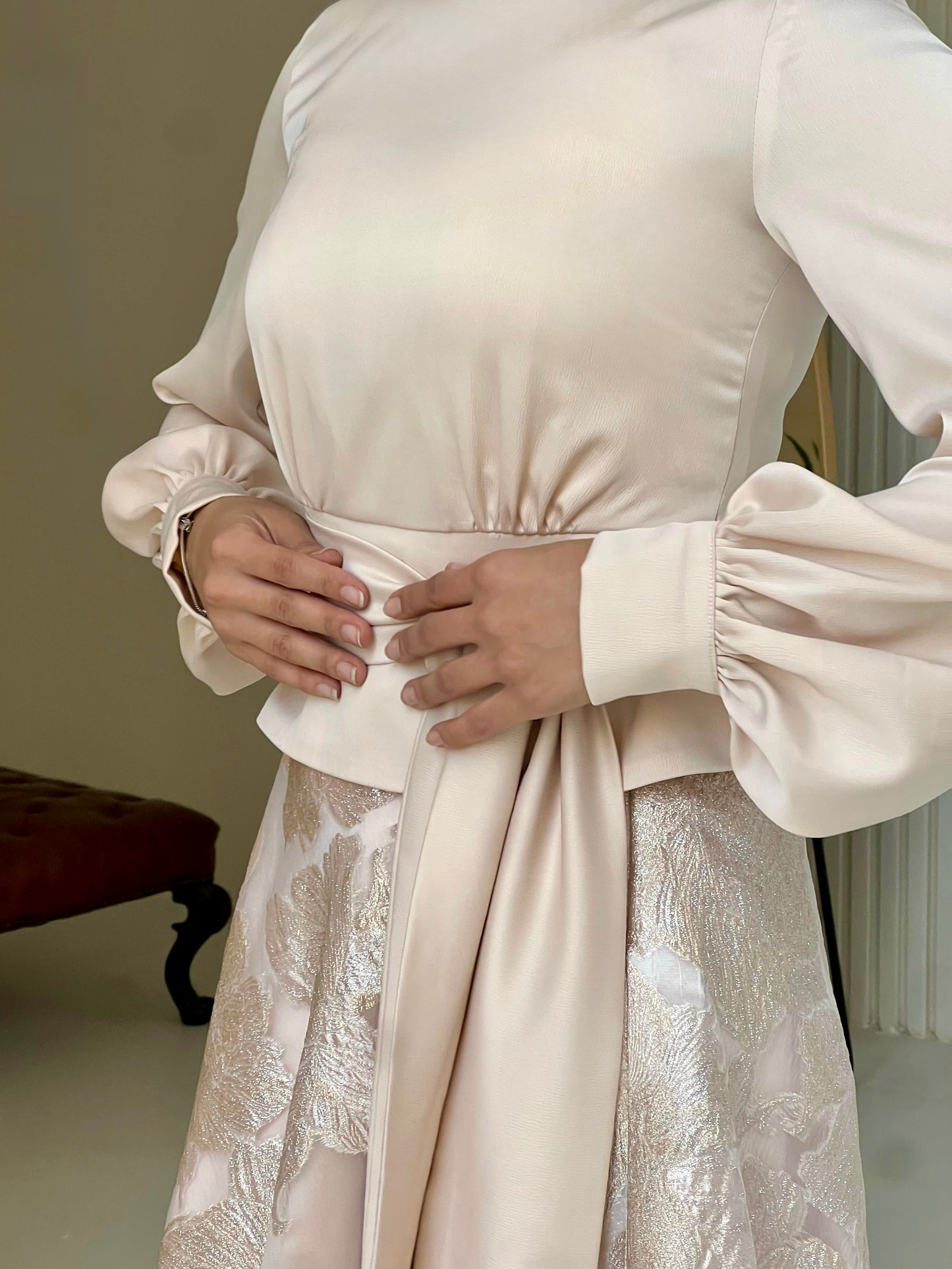 Champagne Satin Blouse with Waist Tie