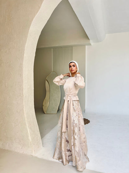 Champagne Satin Blouse & Embroidered Cloche Skirt Set