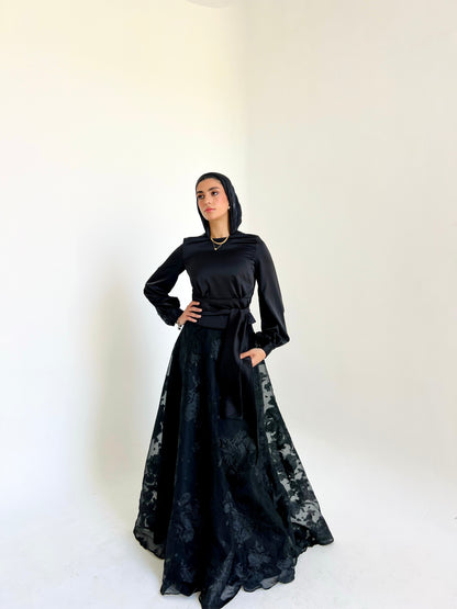 Black Satin Blouse & Embroidered Cloche Skirt Set