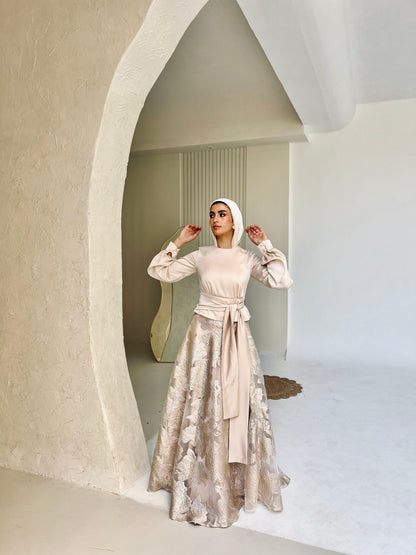 Champagne Satin Blouse & Embroidered Cloche Skirt Set