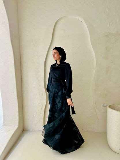 Black Satin Blouse & Embroidered Cloche Skirt Set