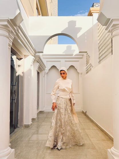 Champagne Satin Blouse & Embroidered Cloche Skirt Set