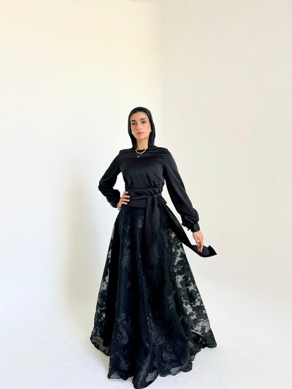 Black Satin Blouse & Embroidered Cloche Skirt Set