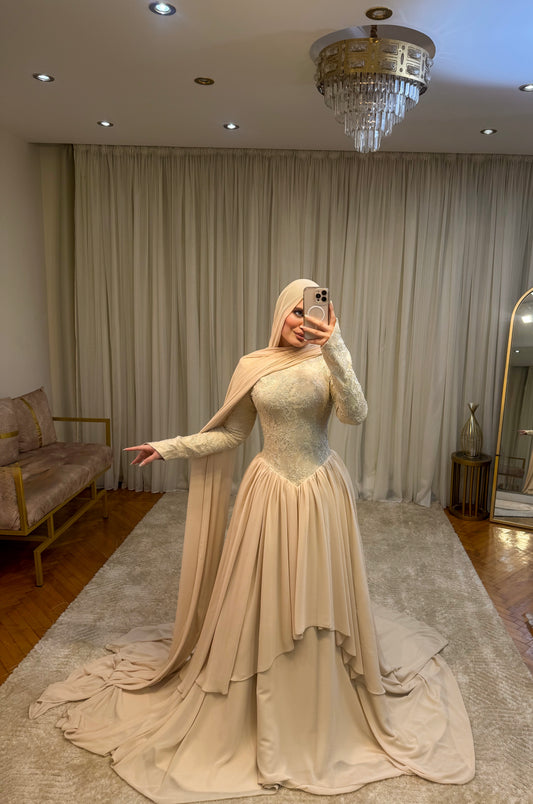 Champagne Layered Chiffon Lace Dress