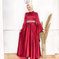 Red Satin Soiree Dress with Angel Sleeves
