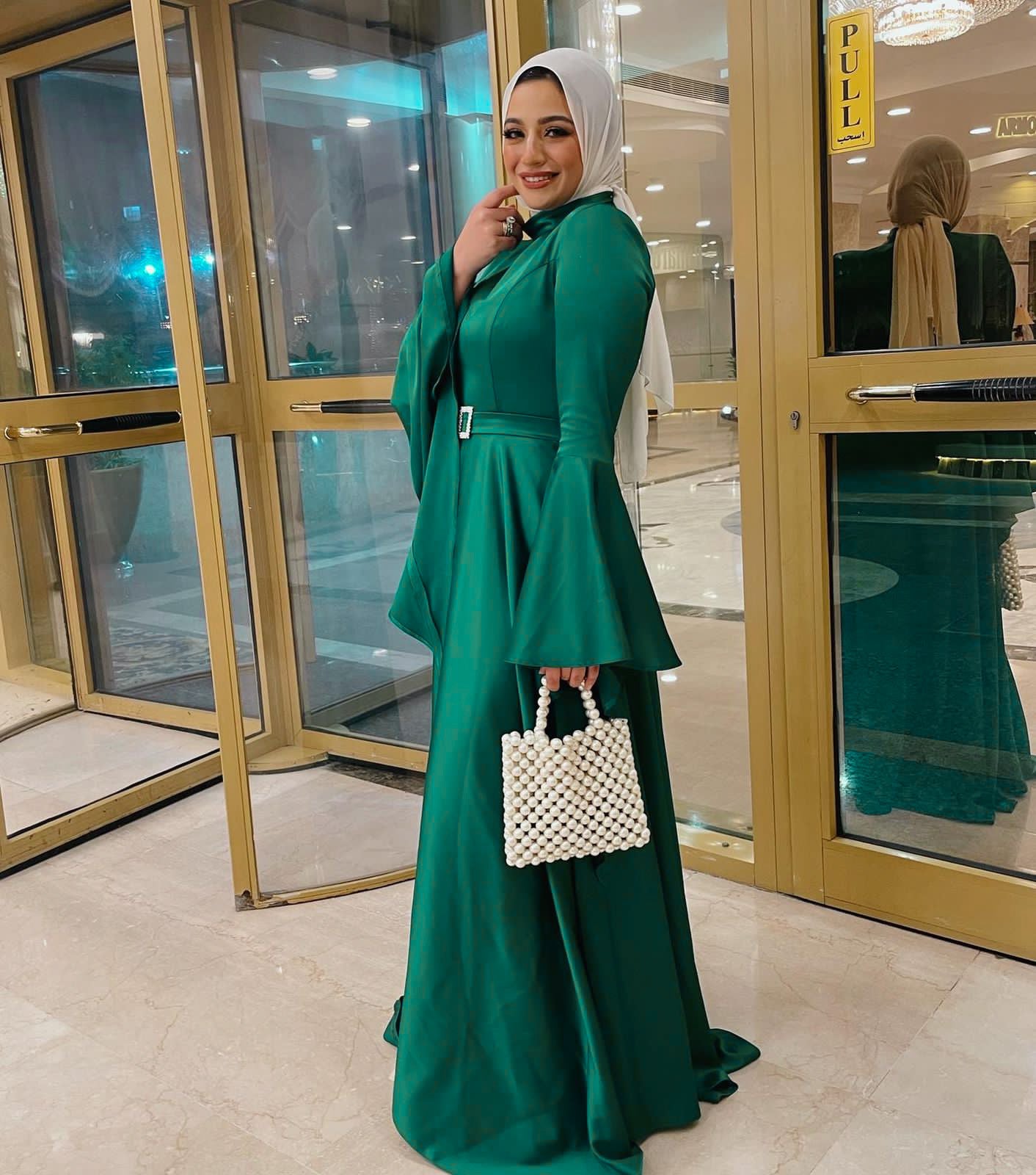 Emerald Green Soiree Dress with Angel Sleeves