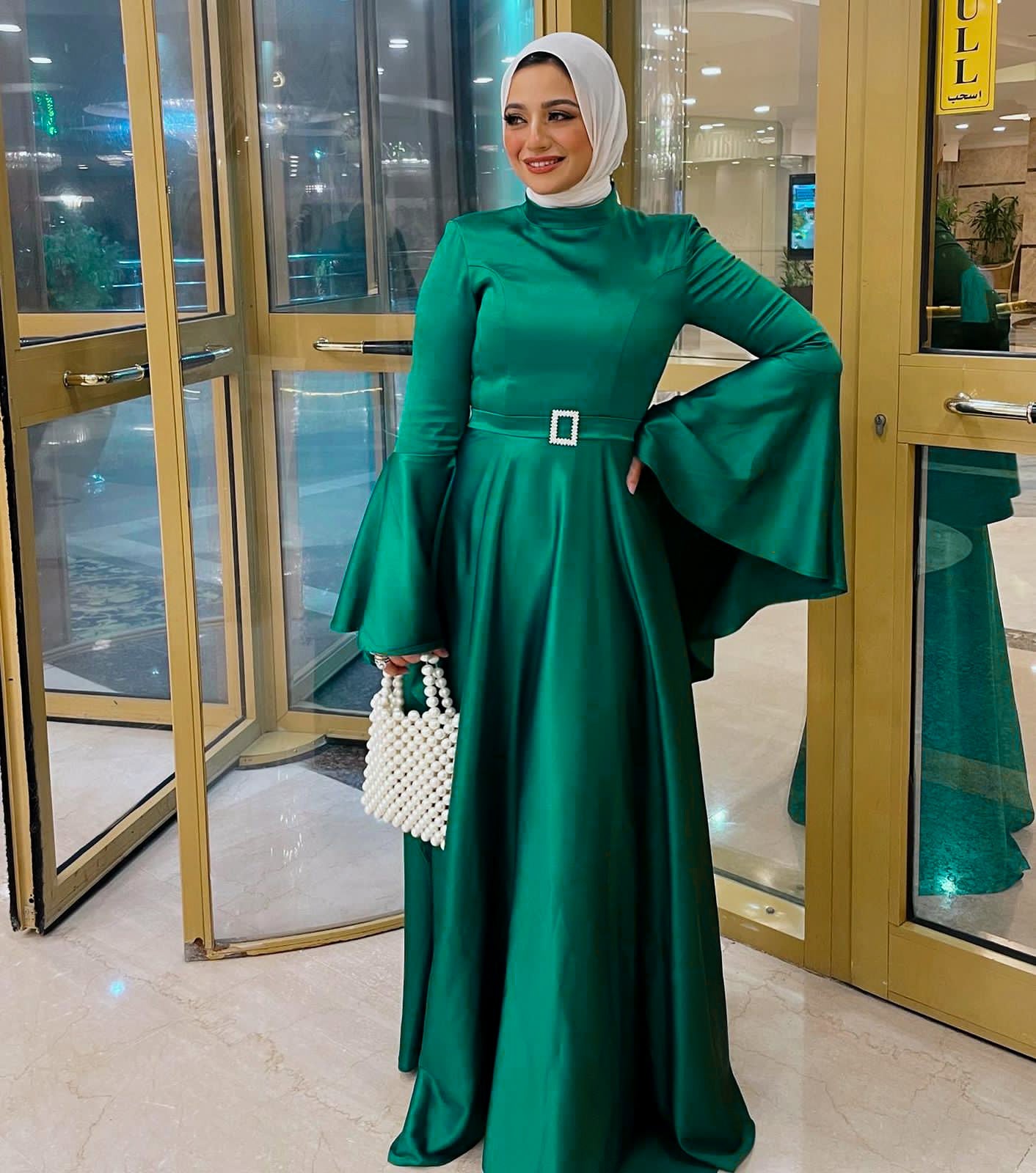 Emerald Green Soiree Dress with Angel Sleeves