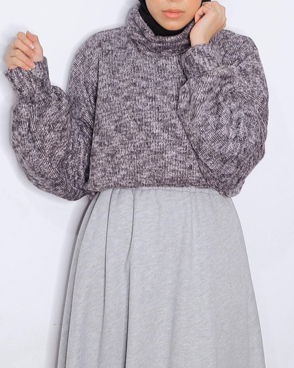 Gray High Neck Winter Blouse with Puffy Sleeves