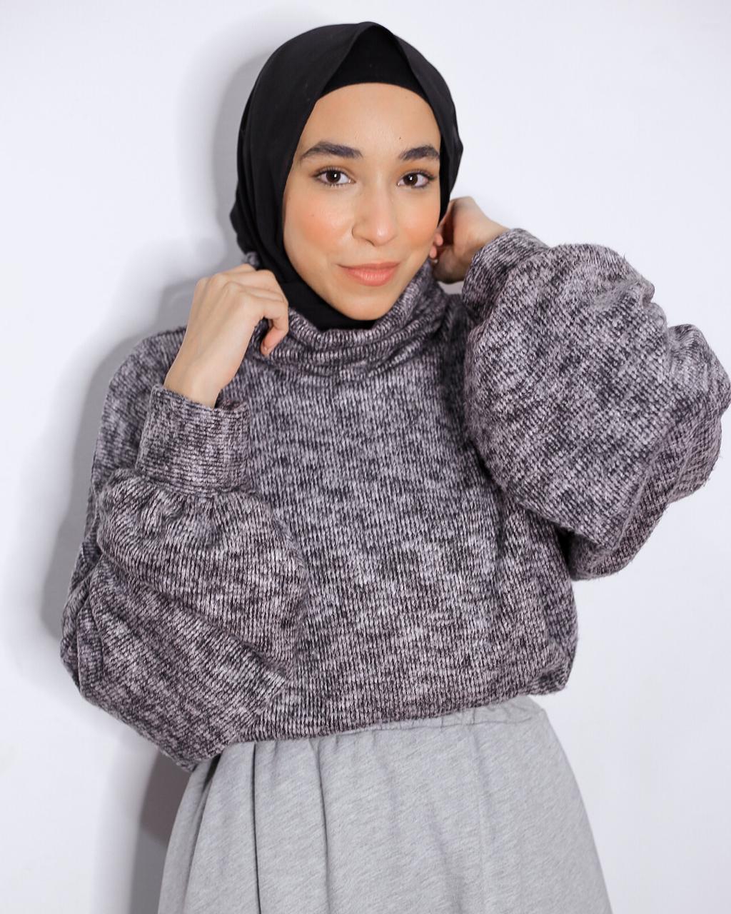 Gray High Neck Winter Blouse with Puffy Sleeves