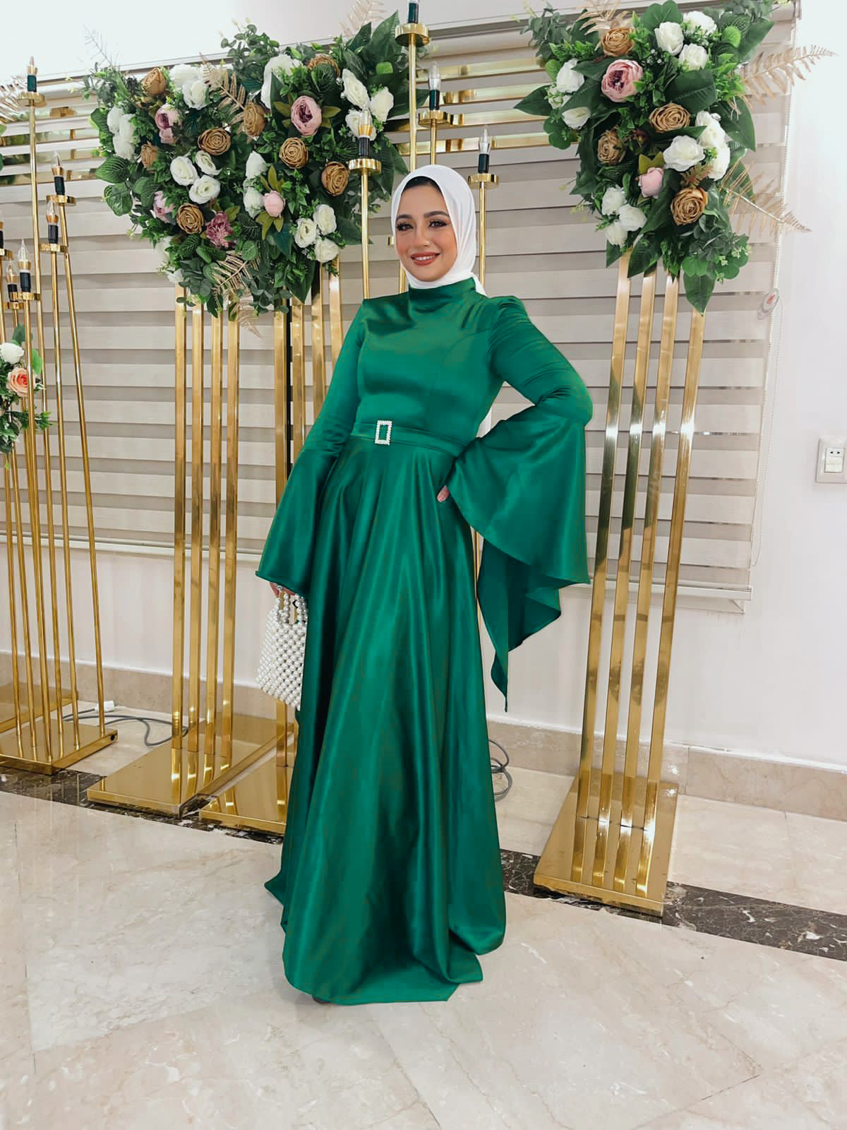 Emerald Green Soiree Dress with Angel Sleeves