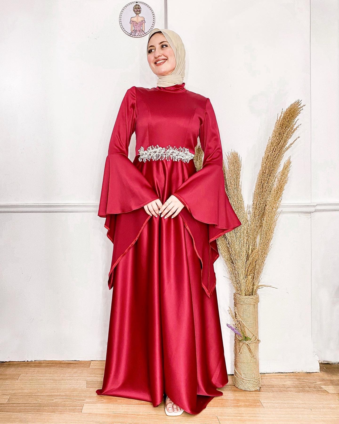 Red Satin Soiree Dress with Angel Sleeves