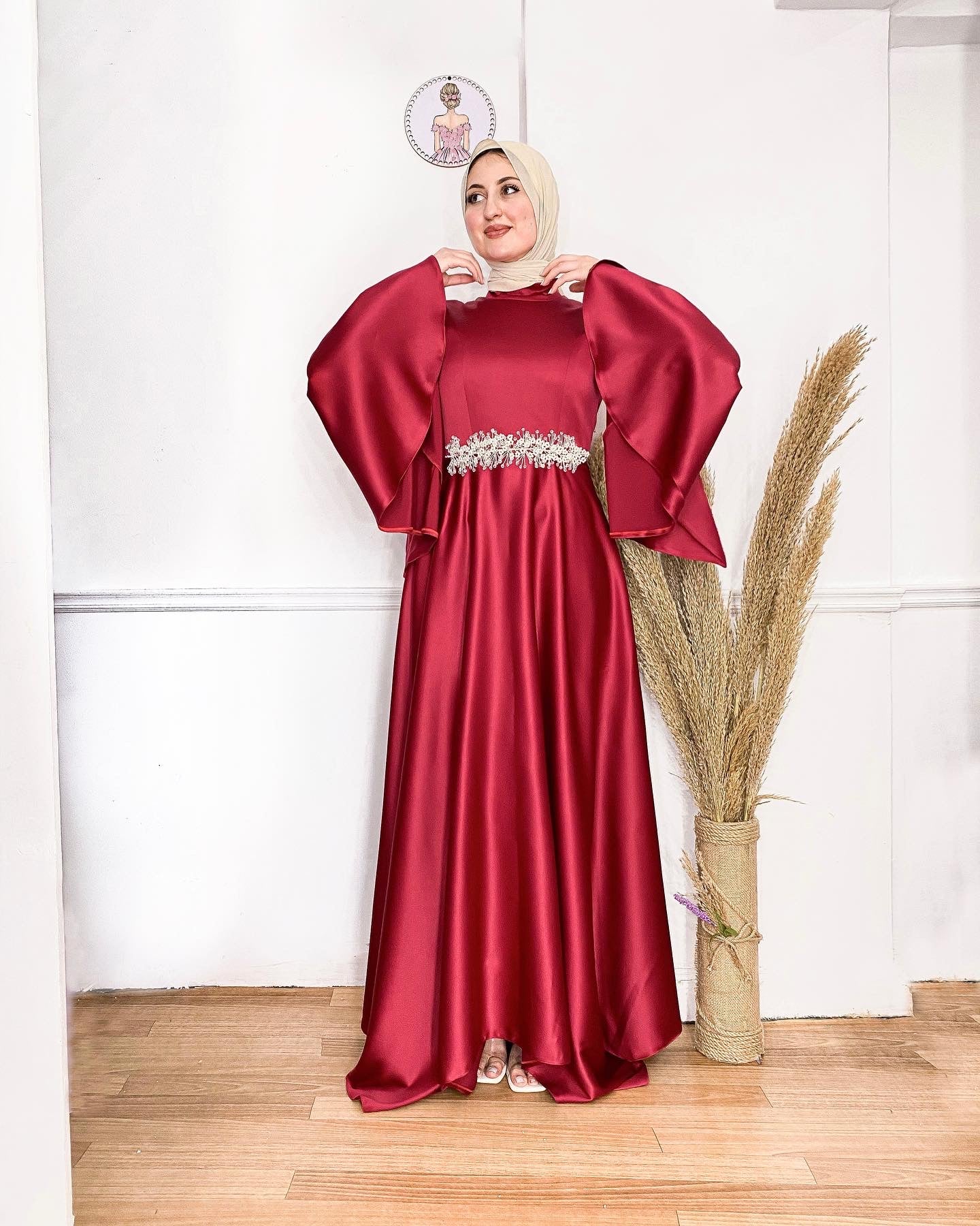 Red Satin Soiree Dress with Angel Sleeves