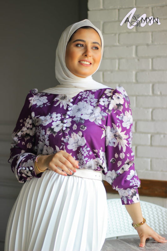 Purple Floral Buttoned Satin Blouse