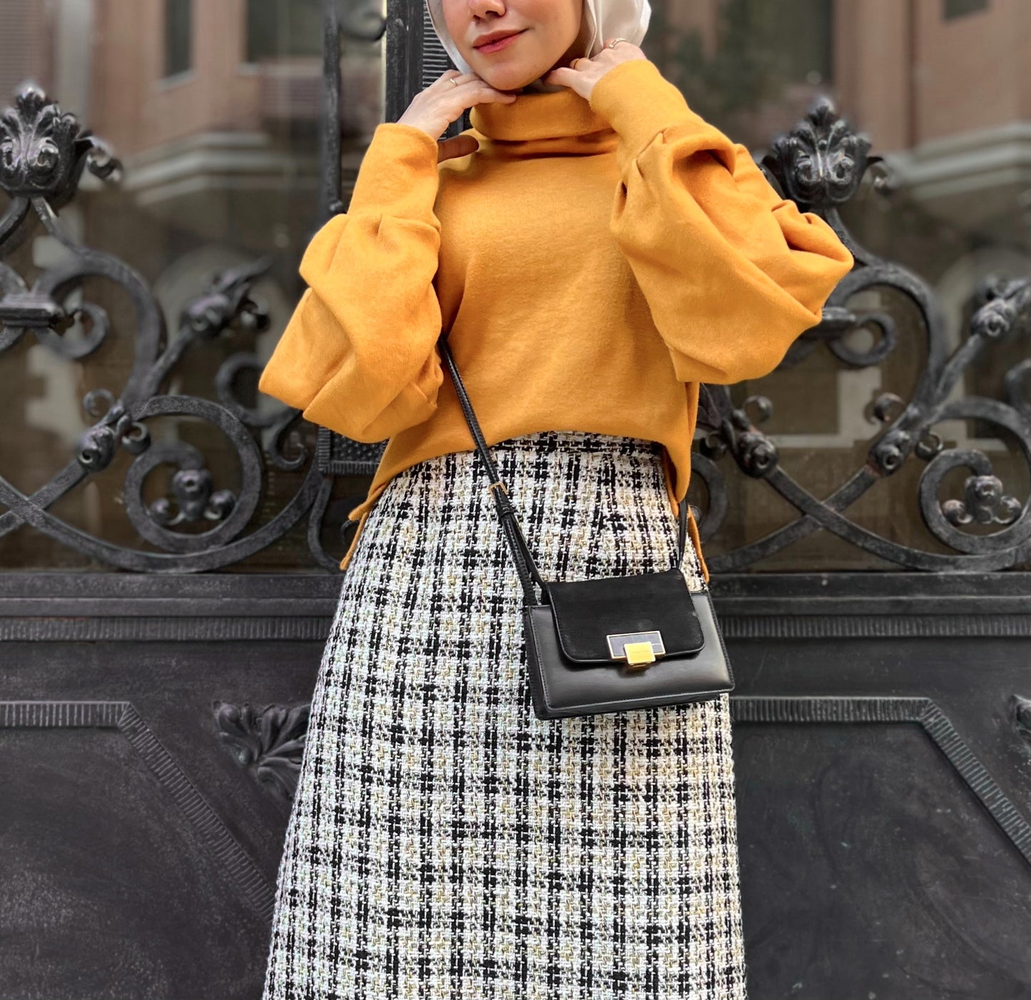 Mustard High Neck Winter Blouse with Puffy Sleeves