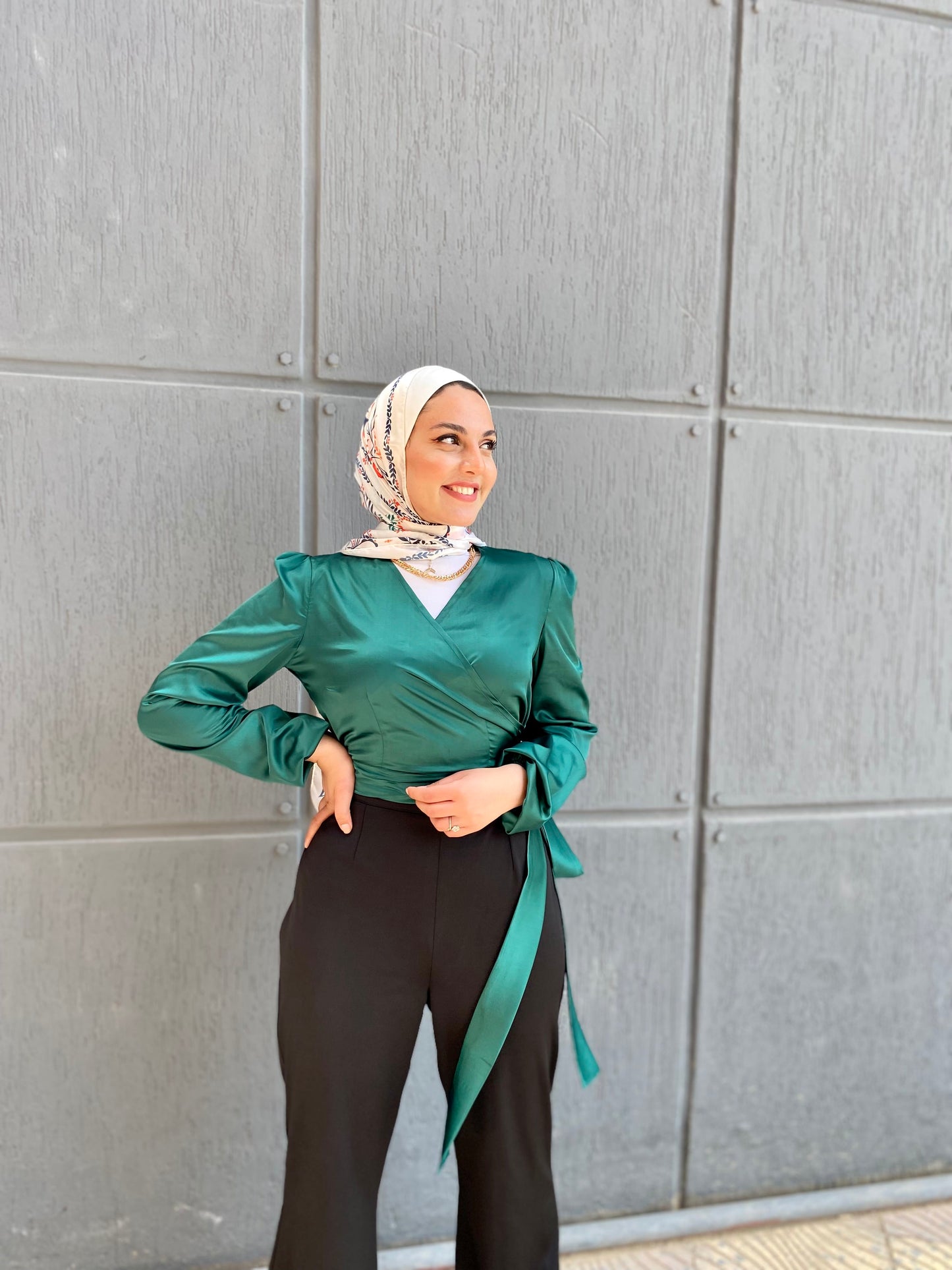 Green Wrap Satin Blouse