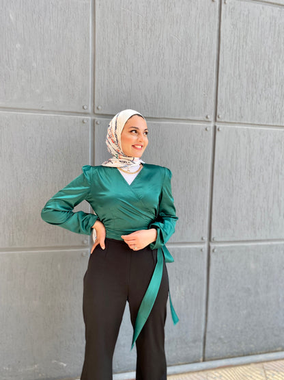 Green Wrap Satin Blous