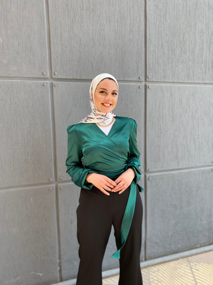 Green Wrap Satin Blous