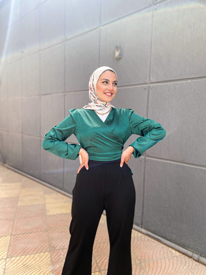 Green Wrap Satin Blous