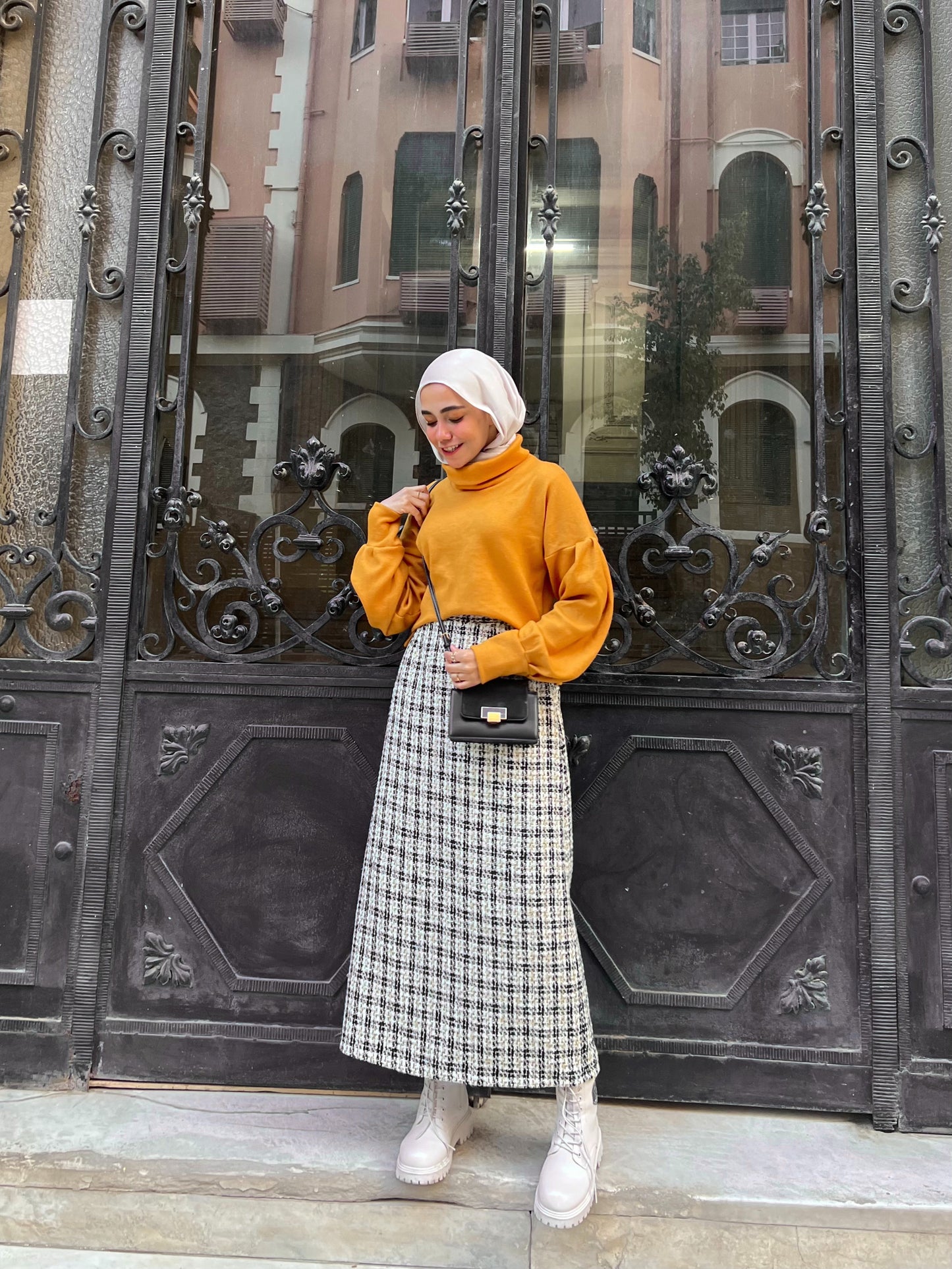 Mustard High Neck Winter Blouse with Puffy Sleeves