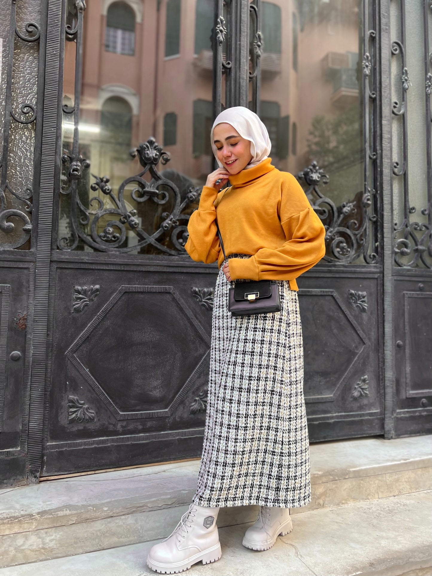 Mustard High Neck Winter Blouse with Puffy Sleeves