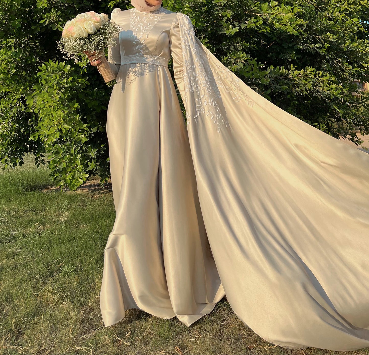 Champagne Royal Soiree Dress with Floral Embroidered Cape