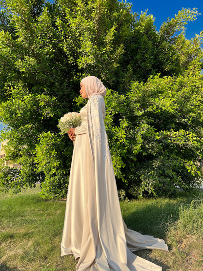 Champagne Royal Soiree Dress with Floral Embroidered Cape
