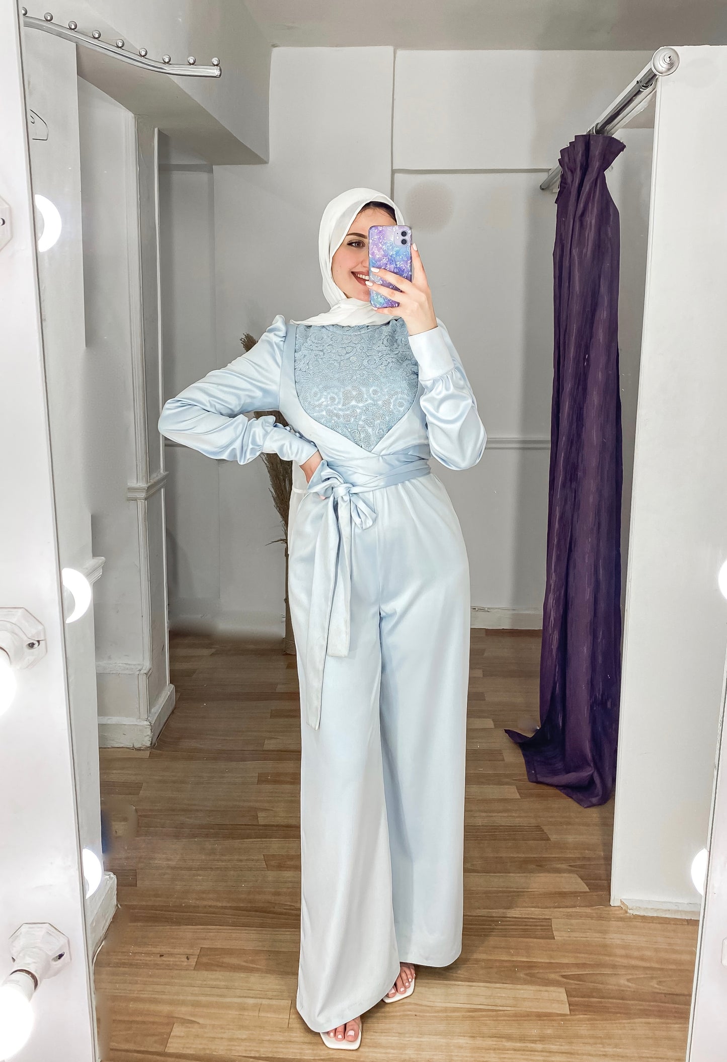 Baby-blue Embroidered Satin Jumpsuit