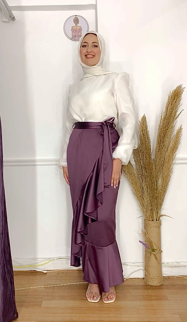 Purple Wrap Ruffle Satin Skirt