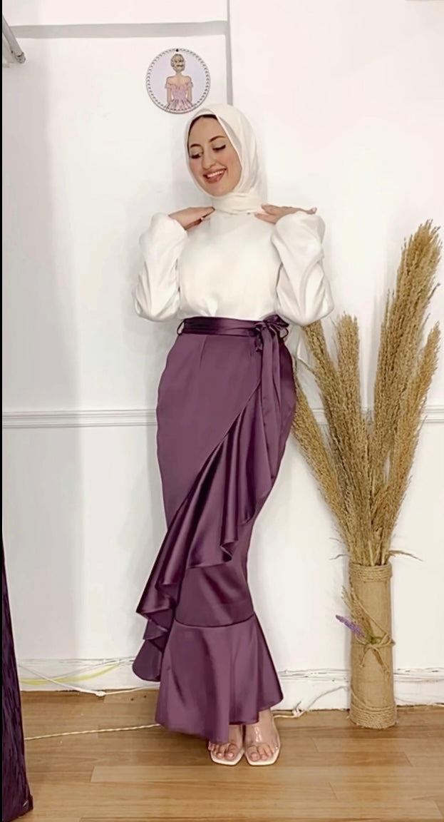 Purple Wrap Ruffle Satin Skirt