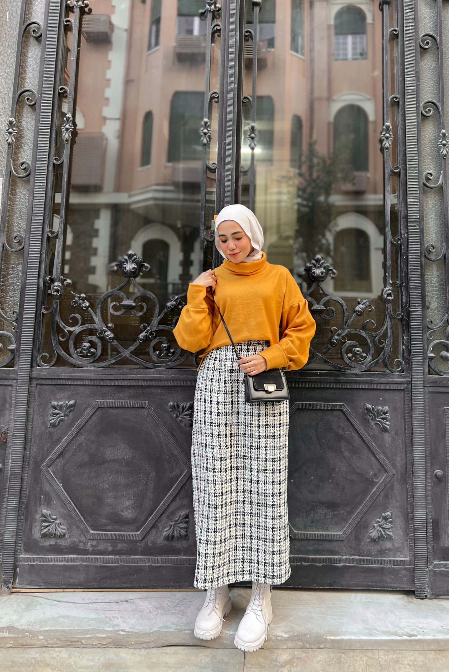 Mustard High Neck Winter Blouse with Puffy Sleeves