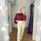 Red Mock Neck Satin Blouse with Puffy Sleeves