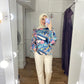 Patterned High Neck Satin Blouse with Puffy Sleeves