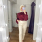 Red Mock Neck Satin Blouse with Puffy Sleeves