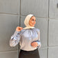Silver Mock Neck Satin Blouse with Buttoned Sleeves