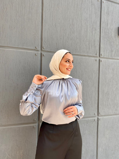 Silver Mock Neck Satin Blouse with Buttoned Sleeves