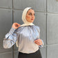 Silver Mock Neck Satin Blouse with Buttoned Sleeves