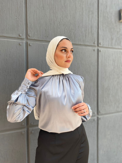 Silver Mock Neck Satin Blouse with Buttoned Sleeves