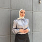 Silver Mock Neck Satin Blouse with Buttoned Sleeves