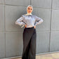 Silver Mock Neck Satin Blouse with Buttoned Sleeves