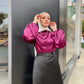 Magenta Mock Neck Satin Blouse with Puffy Sleeves