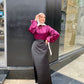 Magenta Mock Neck Satin Blouse with Puffy Sleeves