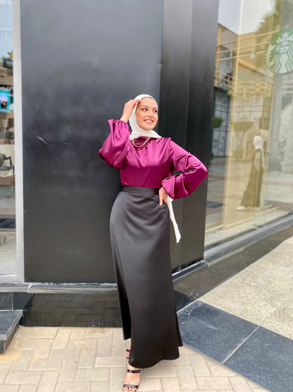 Magenta Mock Neck Satin Blouse with Puffy Sleeves