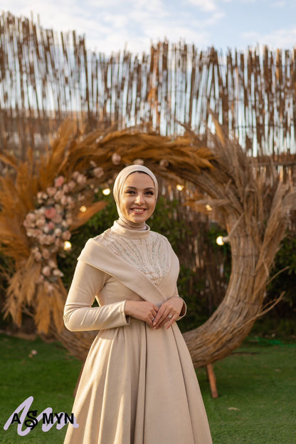 Beige Satin Soiree Dress