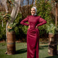 Crimson Satin Soiree Dress with One Side Extension