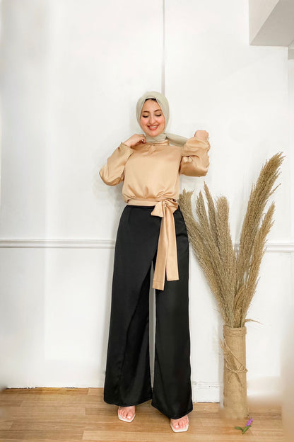 Gold Mock Neck Satin Blouse with Separate Belt