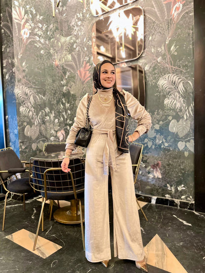 Beige Velvet Classic Cross-Wrap Jumpsuit